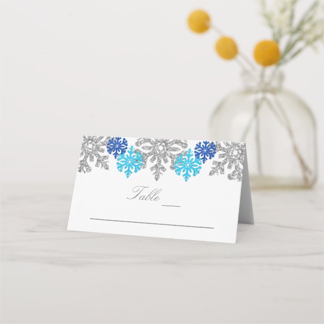 Carte De Placement Silver Blue Snowflakes Mariage d'hiver (Devant)