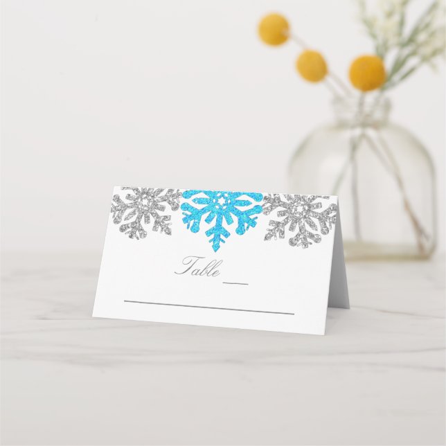 Carte De Placement Silver Blue Snowflakes Mariage d'hiver (Devant)