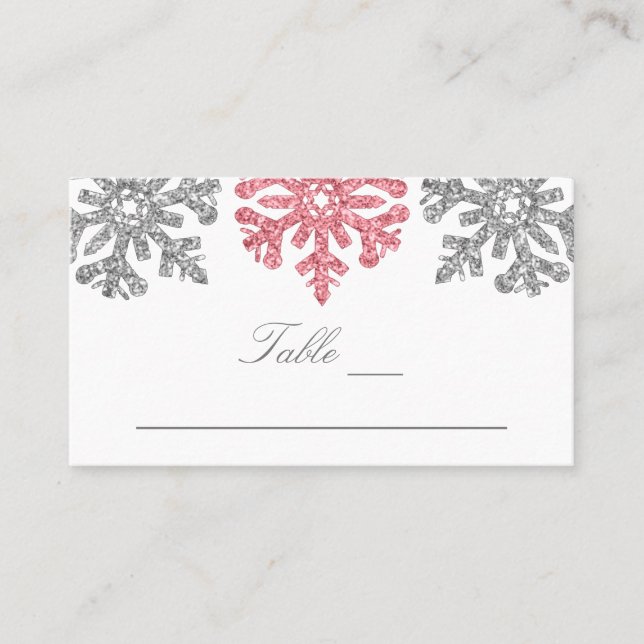 Carte De Placement Silver Pink Snowflakes Mariage d'hiver (Devant)