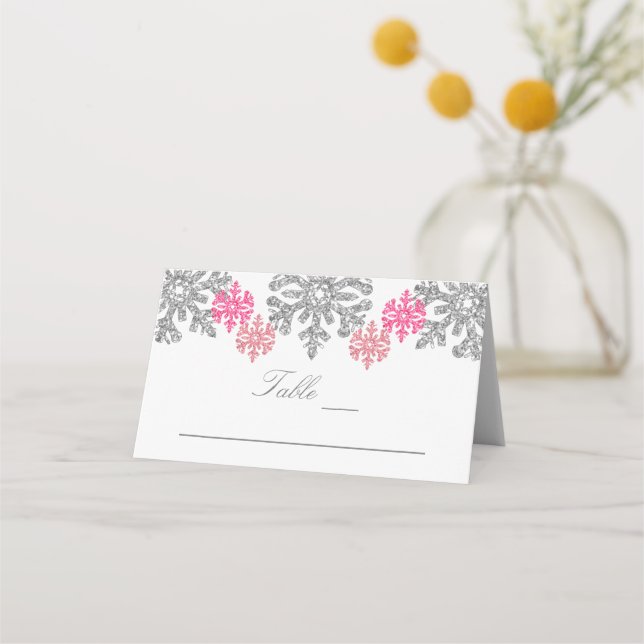 Carte De Placement Silver Pink Snowflakes Mariage d'hiver (Devant)