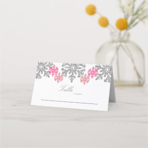 Carte De Placement Silver Pink Snowflakes Mariage d'hiver