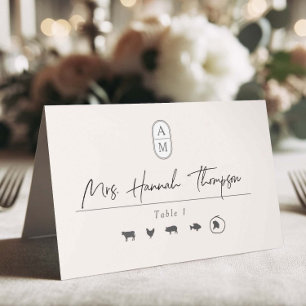 Carte De Placement Simple beige, initiales modernes, options de repas