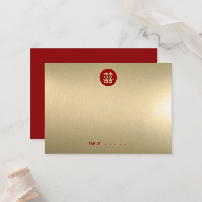 Carte De Placement Simple Red Circle Double Bonheur Mariage chinois (Devant/Arrière en situation)