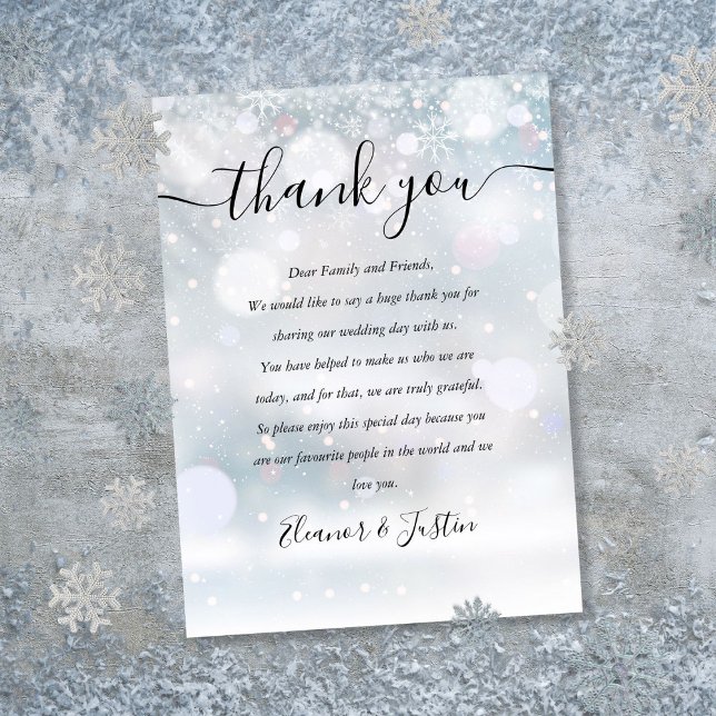 Carte De Placement Snowflakes Script Mariage Merci (Winter Snowflakes Script Wedding Thank You Place Card)