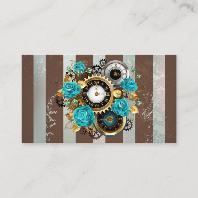 Carte De Placement Steampunk Clock and Turquoise Roses on Striped (Devant)