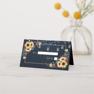 Carte De Placement Sunflower Navy Bleu Bourgogne Bois Mariage Floral