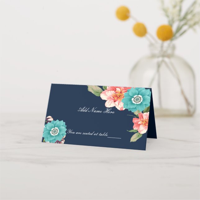 Carte De Placement Table Botanique Romantique Bleue Et Rose Florale (Devant)