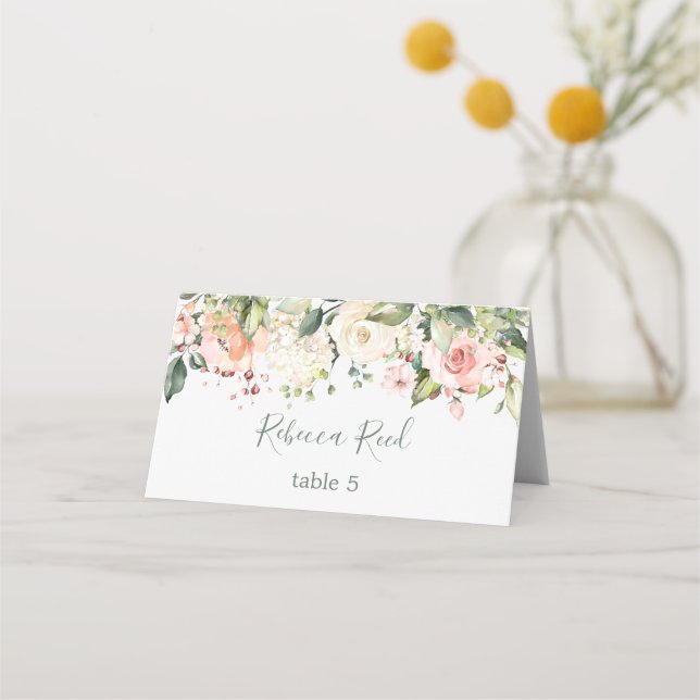Carte De Placement Table de mariage à l'aquarelle avec verdure et ros (Devant)