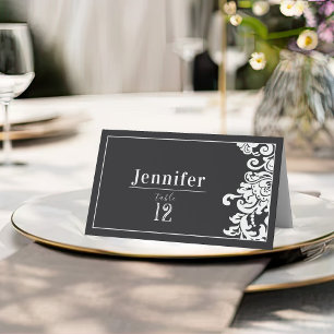 Carte De Placement Table Mariage damassé florale moderne noir et blan