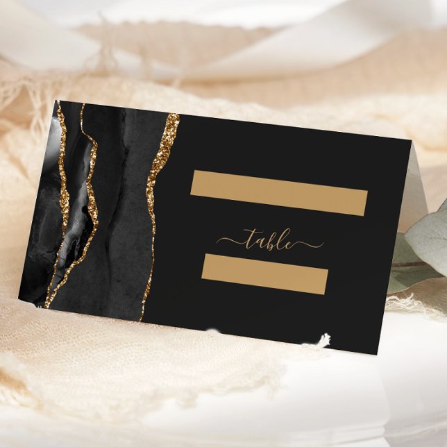 Carte De Placement Tableau Mariage moderne Black Gold Agate (Créateur téléchargé)