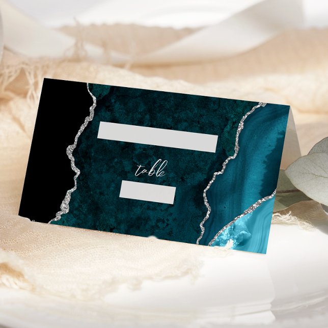 Carte De Placement Teal Blue Silver Agate Script Wedding Table (Créateur téléchargé)
