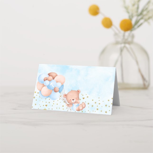 Carte De Placement Teddy Bear Blue Sky Boy Baptême plié Tente (Devant)