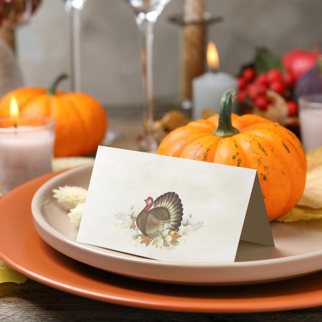 Carte De Placement Thanksgiving Turquie Bird Green Foliage Feuilles (Créateur téléchargé)