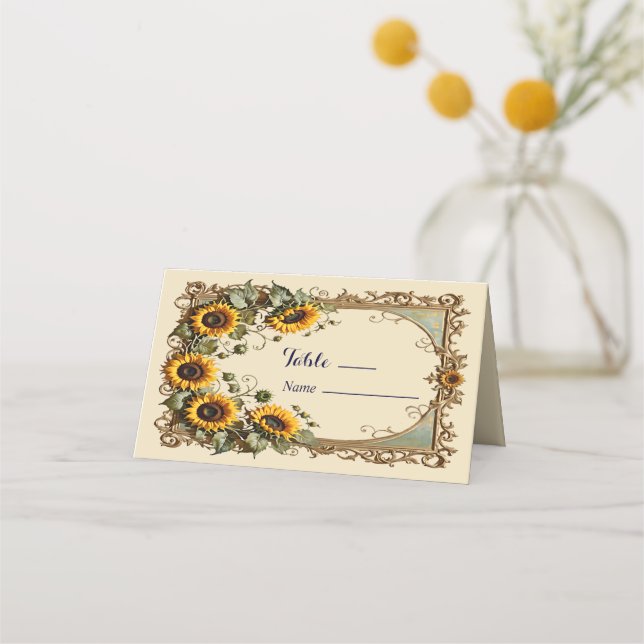 Carte De Placement Tournesol jaune avec cadre d'art mariage (Devant)