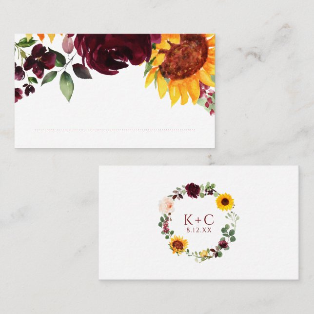 Carte De Placement Tournesols Bourgogne Roses Rouges Automne Mariage  (Devant / Derrière)