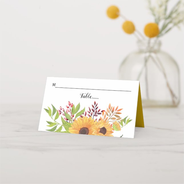 Carte De Placement Tournesols couleur jaune et mariage feuille (Devant)