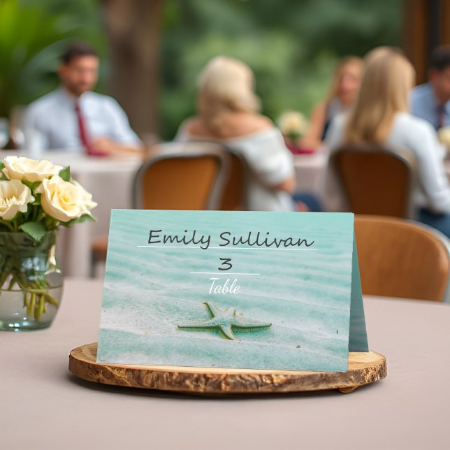 Carte De Placement Tropical Starfish Mariage Aqua Ocean Beach Thème (Tropical starfish wedding place cards with soft aqua palette and beachy starfish for an ocean theme.)