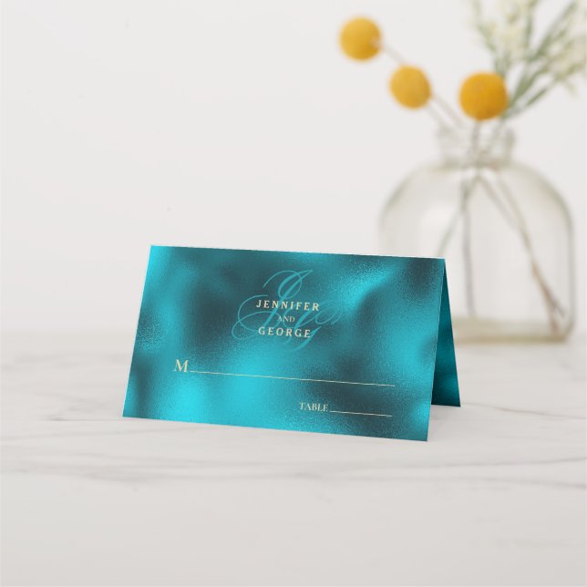 Carte De Placement Turquoise metallic monogram initials wedding (Devant)