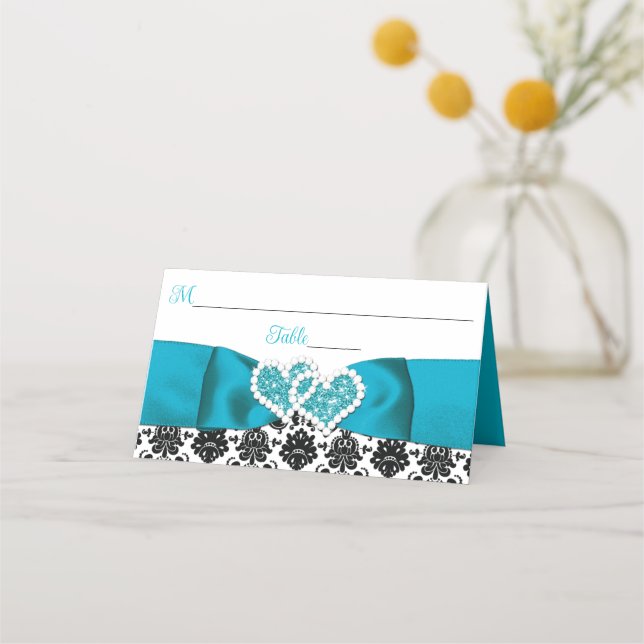 Carte De Placement Turquoise, Noir Damask Love Hearve Mariage (Devant)