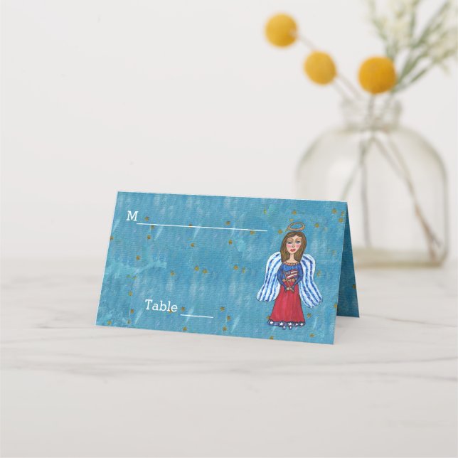 Carte De Placement USA Patriotic Angel Holding flag Blue Gold Stars (Devant)