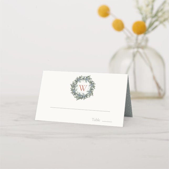 Carte De Placement Vacances de Noël de Monogramme de couronne verte (Devant)