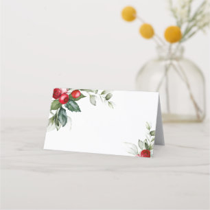 Carte De Placement Verdure de Noël minimaliste et baies rouges Mariag