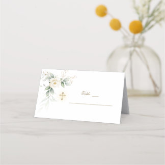 Carte De Placement Vert Blanc Floral Or Baptême Numéro de tableau