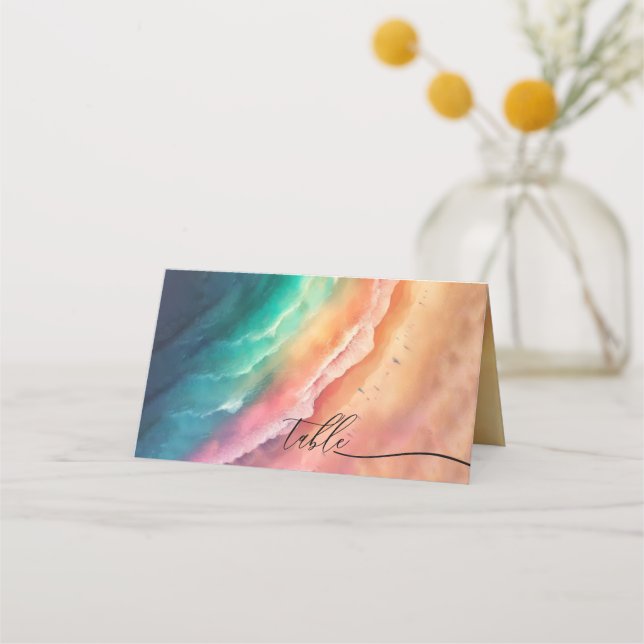 Carte De Placement Vert rose Ocean Beach Vert Mariage Aquarelle (Devant)