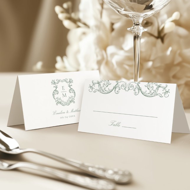 Carte De Placement Vert Sage Mariage Couronne Monogramme Baroque Vint (Créateur téléchargé)