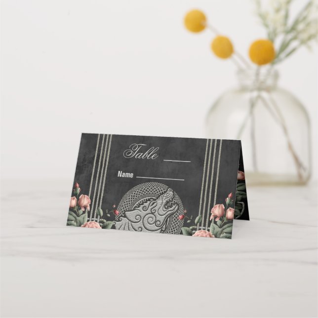 Carte De Placement Viking Wolf & Rose. Une tête de loup stylisée (Devant)