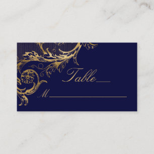 Carte De Placement Vintage Blue Gold Floral Damask Script Mariage