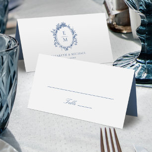 Carte De Placement Vintage Crest Monogramme Botanique Bleu Mariage