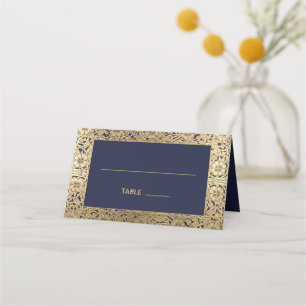 Carte De Placement Vintage Marine Blue Gold Wild Roses Élégant mariag