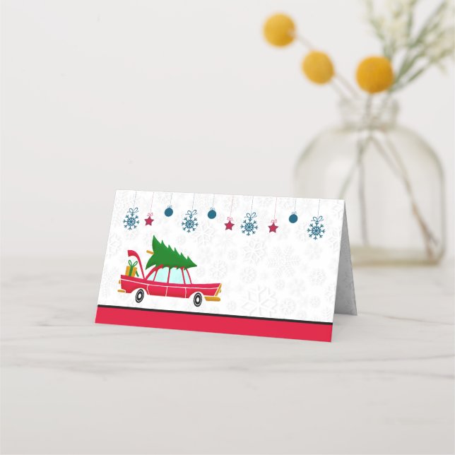 Carte De Placement Voiture rouge rétro portant un arbre de Noël (Devant)
