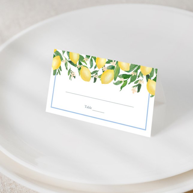 Carte De Placement Watercolor Lemons Pale Blue Wedding Réception (Simple watercolor lemons with pale blue accents boy baby shower or wedding place cards)
