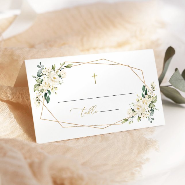 Carte De Placement White Flowers, Cream Flowers, Greenery, Baptism (Créateur téléchargé)