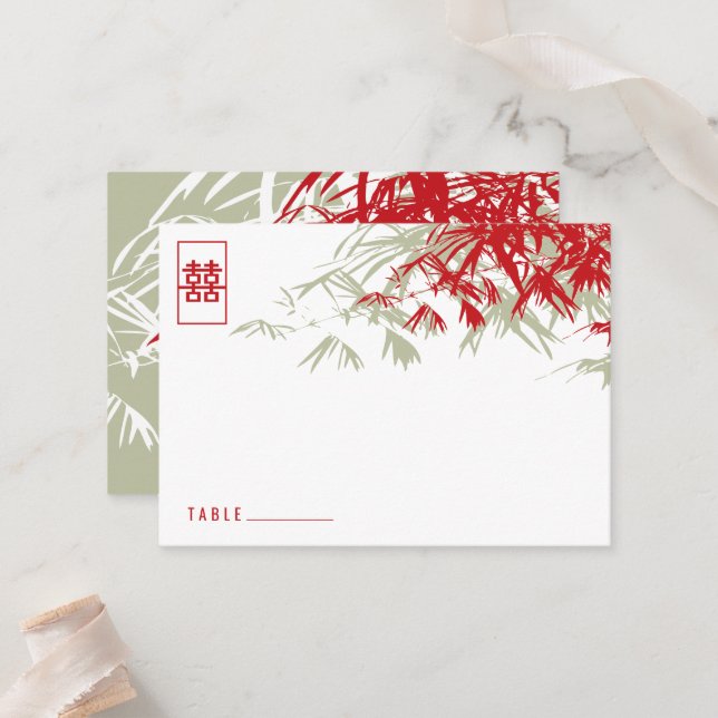Carte De Placement Zen Bamboo Feuille double bonheur Mariage chinois (Devant/Arrière en situation)