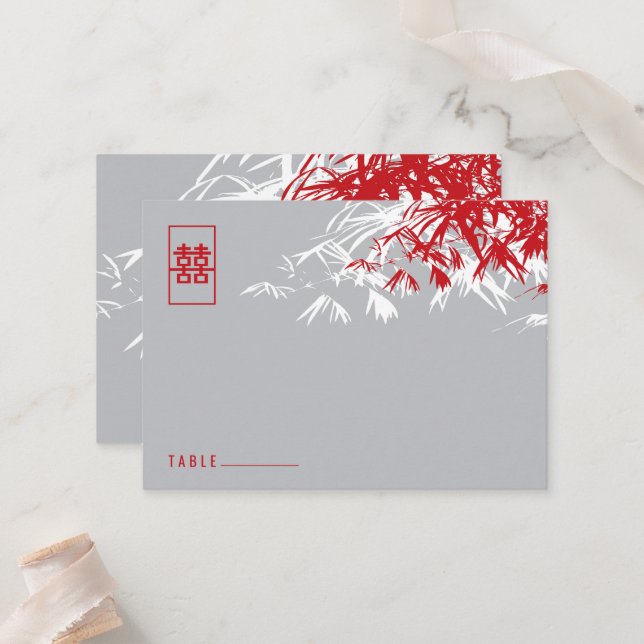 Carte De Placement Zen Bamboo Feuille double bonheur Mariage chinois (Devant/Arrière en situation)
