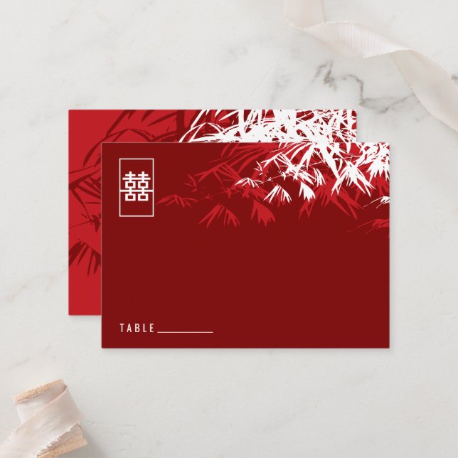 Carte De Placement Zen Bamboo Feuille double bonheur Mariage chinois (Devant/Arrière en situation)