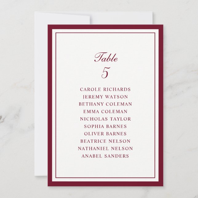 Carte de plan de table de mariage à cadre bordeaux (Devant)