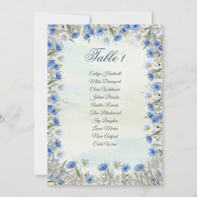 Carte de plan de table de mariage élégant bleu flo (Devant)