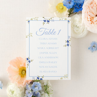 Carte de plan de table de mariage floral bleu et g