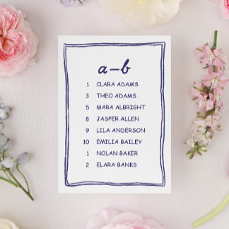 Carte de plan de table de mariage gribouillée bleu