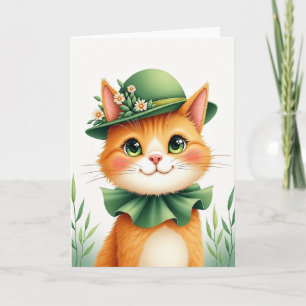 Carte de portrait de chat roux avec chapeau melon