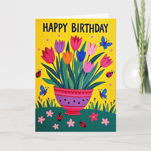 Carte de pot de fleurs d'anniversaire vibrante (Devant)