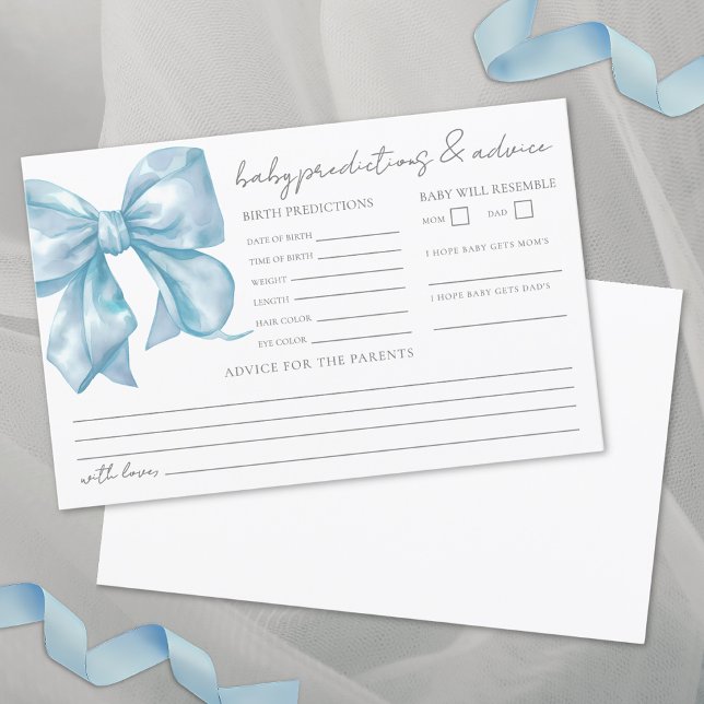 Carte de prédiction du Baby shower de la ceinture  (Blue Bow Baby Shower Advice Predictions Card)