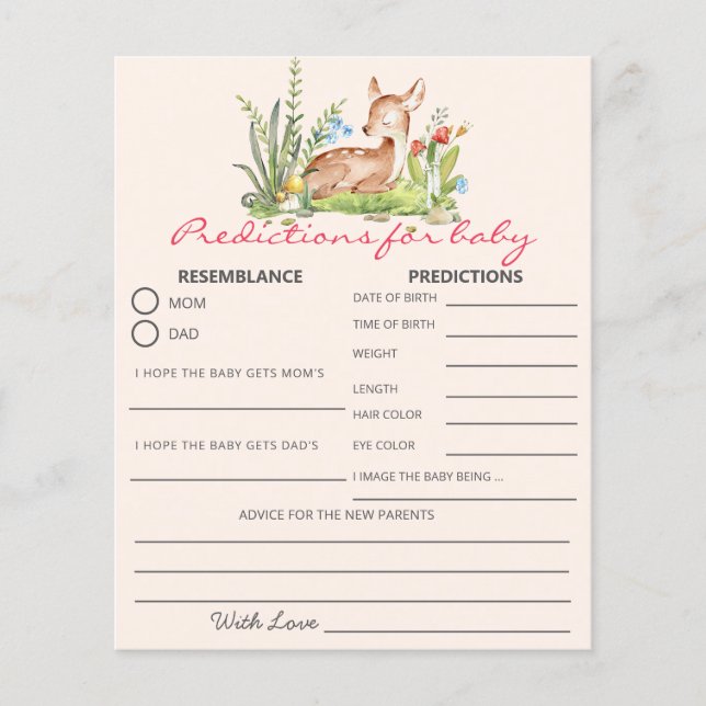 Carte de prédictions du jeu de Baby shower de cerf (Devant)