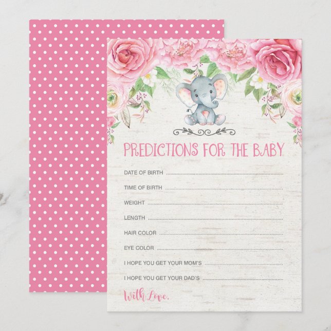 Carte de prédictions du jeu de Baby shower d'éléph (Devant / Derrière)
