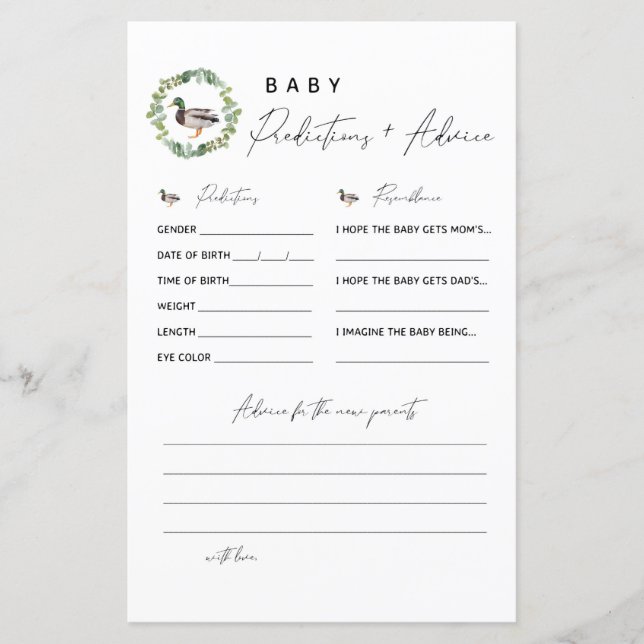 Carte de prédictions et conseils pour bébé Mallard (Devant)