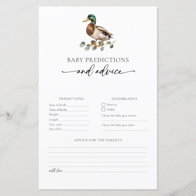 Carte de prédictions et conseils pour bébé Mallard (Devant)